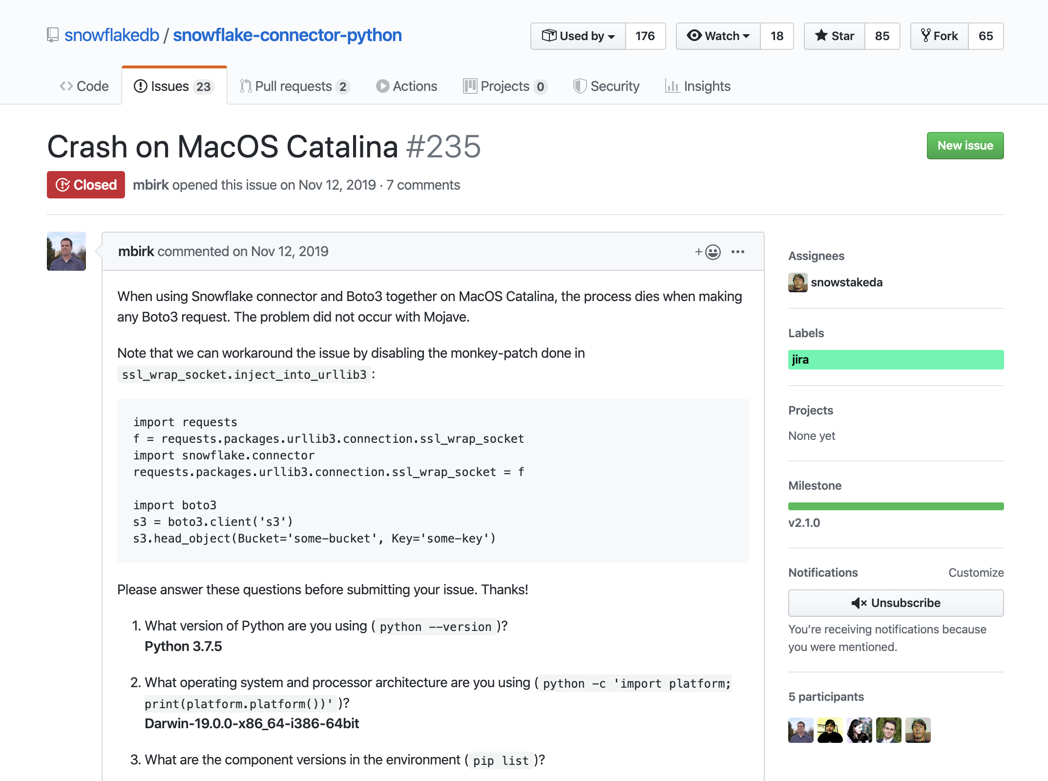 Screenshot of snowflake connector issue on Github