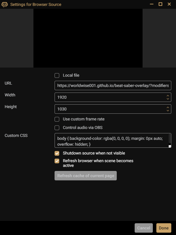 Screenshot of StreamLabs Widget Configuration for Beat Saber Stats
